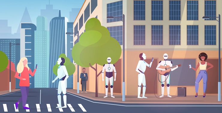 Vector gente y personajes robóticos caminando ciudad robot callejero tocando la guitarra inteligencia artificial tecnología concepto paisaje urbano fondo horizontal longitud completa