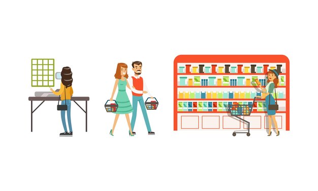 Gente Personajes en el supermercado con carrito de compras Comprando productos de comestibles Conjunto de ilustraciones vectoriales
