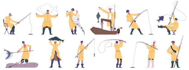 Vector gente de pesca. deporte de pesca al aire libre, recreación de pasatiempos, personajes de pescadores de pesca en barco o en la orilla vector conjunto de ilustraciones dibujos animados de mascotas de pescadores de pesca