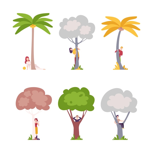 Gente de pie en árboles conjunto Amor por la naturaleza estilo de vida ecológico preservación del medio ambiente armonía con la naturaleza ilustración vectorial de dibujos animados