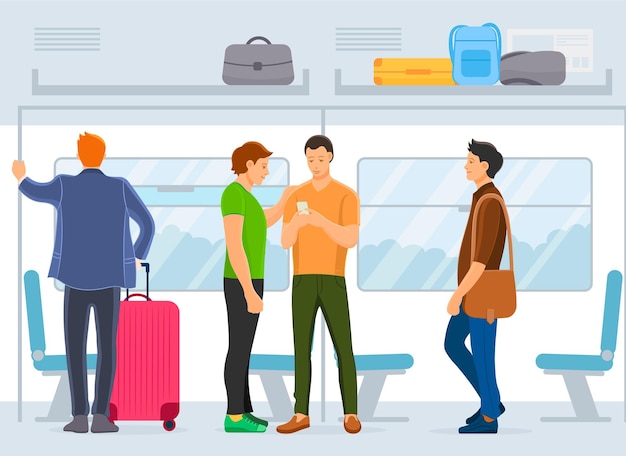 Gente de pie dentro del transporte del metro hombres mujeres y niños en el transporte público