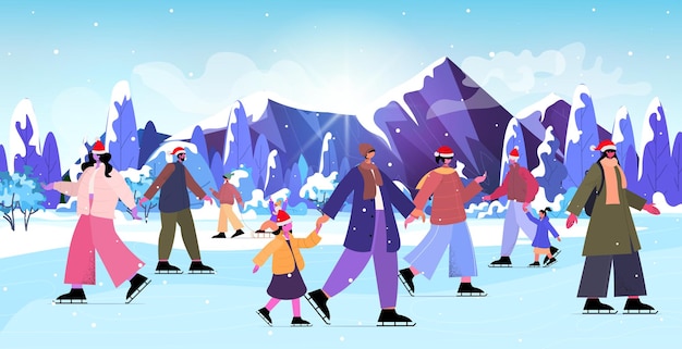 Gente en la pista de patinaje sobre hielo actividad deportiva de invierno navidad año nuevo vacaciones concepto hombres mujeres con sombreros de santa pasar tiempo juntos paisaje fondo ilustración vectorial de longitud completa