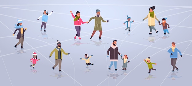 gente en la pista de patinaje sobre hielo al aire libre deporte de invierno actividad vacaciones concepto ilustración plana