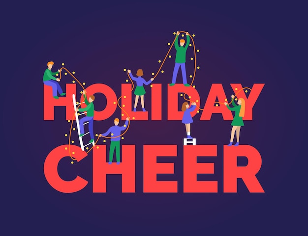 Gente plana decorando la inscripción holiday cheer con luces de hadas ilustración navideña en estilo minimalista