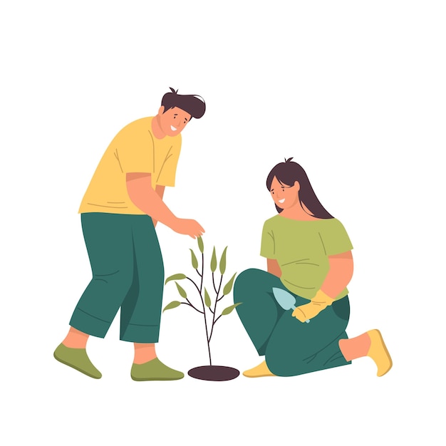 Gente plantando un banner o icono de vector de árbol