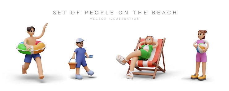 Vector gente en la playa conjunto de figuras realistas de vacacionistas