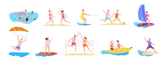 Gente playa juegos Verano deporte juego actividad surf voleibol windsurf agua esquí barco mar vacaciones amigo equipo activo ocio diversión recreación espléndida ilustración vectorial