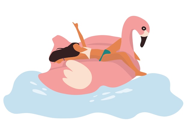 Gente en la playa Mujer de dibujos animados nadando con colchón inflable Vacaciones al aire libre de verano Fiesta en la piscina Niña acostada en un flamenco inflado Bañándose en el sol Personaje femenino Vector descanso en el mar
