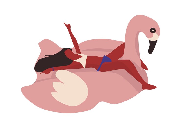 Vector gente en la playa mujer de dibujos animados nadando en la piscina en un colchón inflable de flamenco rosa mujer joven tomando el sol en un resort tropical diversión durante las vacaciones de verano vector ilustración plana