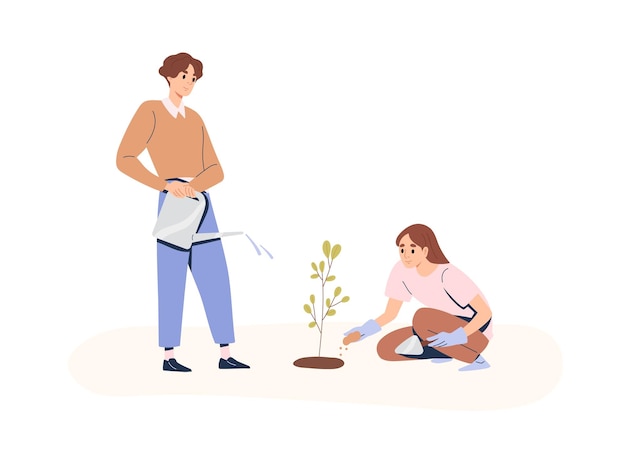 La gente se preocupa por la planta. Un par de voluntarios cultivando retoños, regándolos y fertilizando el suelo. Hombre y mujer trabajan juntos en el jardín. Ilustración de vector plano aislado sobre fondo blanco.