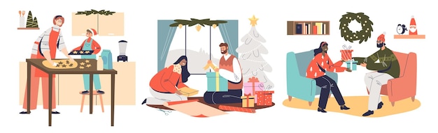 La gente se prepara para las vacaciones navideñas: hornea galletas de jengibre, envuelve e intercambia regalos, decora un pino. Los personajes de dibujos animados felices se preparan para la Navidad en casa. Ilustración vectorial plana
