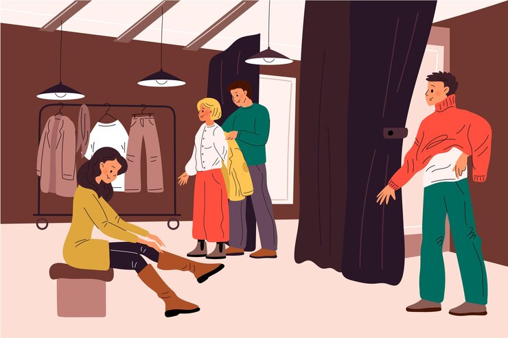 Vector gente en el probador interior de boutique los visitantes de la tienda se prueban la ropa chica se pone botas personas que compran prendas de moda compradores que visten abrigos y suéteres concepto de vector llamativo