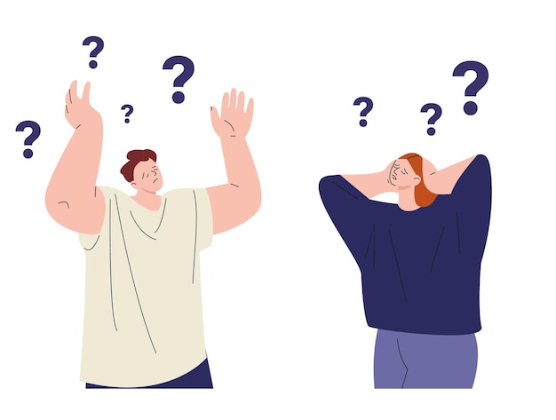 Gente problemas mujer hombre tiene preguntas personajes planos de dibujos animados pensativos estudiantes frustrados antes del examen persona joven problemas escena vectorial Ilustración de hombre problema pregunta de personaje