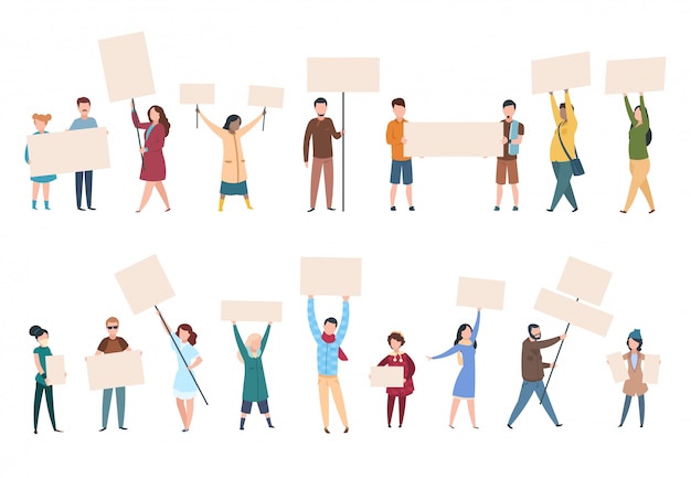 La gente protesta. Hombres mujeres activistas con pancartas y pancartas en la manifestación política. Personajes activistas políticos