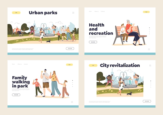 La gente que camina en los parques de la ciudad urbana concepto de conjunto de páginas de inicio con personajes de dibujos animados al aire libre pasan tiempo juntos. Concepto de recreación y salud. ilustración vectorial plana