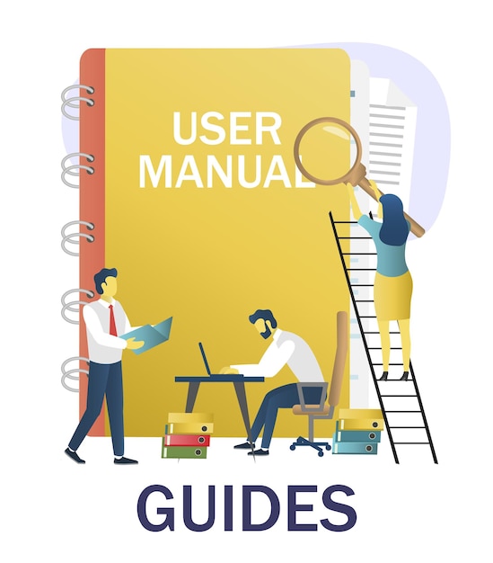 Gente que lee la guía, guía de escritura, consejos, manual de instrucciones, ilustración vectorial plana. Guía de usuario, concepto de manual de usuario.