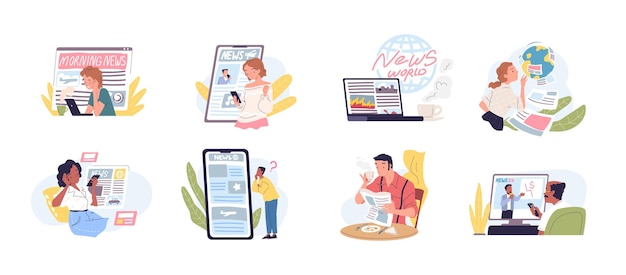 La gente que lee las noticias El hombre lee nuevos periódicos teléfono inteligente sitio web de internet medios de información web en la computadora portátil o viendo televisión en línea concepto de ilustración vectorial elegante