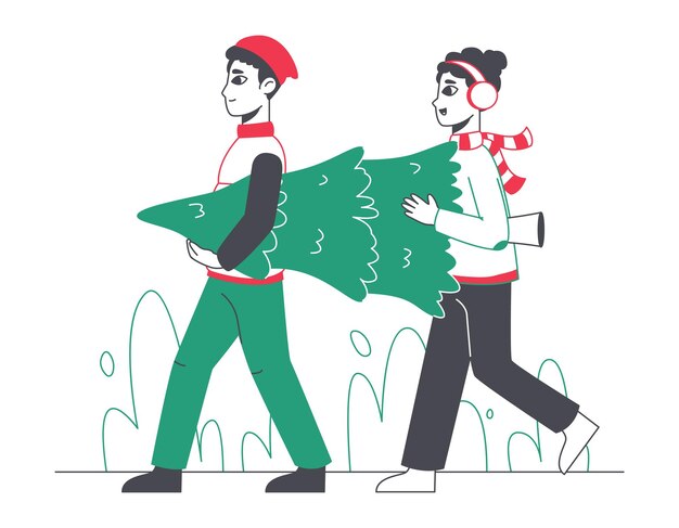 Gente que lleva el árbol de Navidad Celebración de vacaciones de invierno Preparación de la fiesta de Navidad y actividades de invierno Pareja con árbol de navidad Ilustración vectorial plana