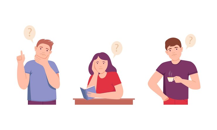 Vector la gente que piensa con signos de interrogación sobre sus cabezas establece personas en duda pensando en problemas ilustración vectorial