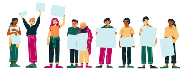 Gente que protesta manifestación pacífica hombres y mujeres multirraciales sostienen pancartas en blanco chicos y chicas con ropa casual de pie pareja de ancianos jóvenes activistas que demuestran derechos humanos vector conjunto aislado