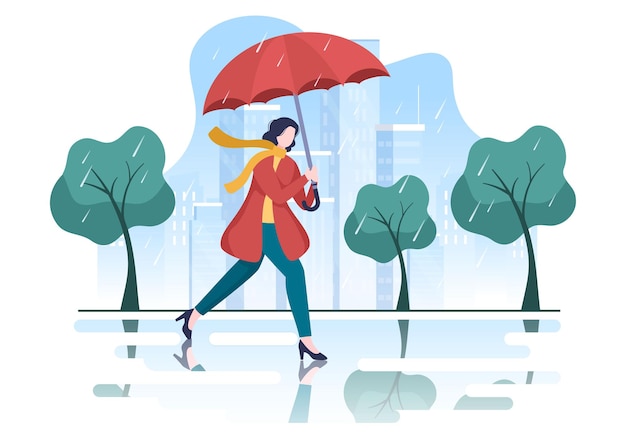Gente que usa impermeable, botas de goma y paraguas que llevan en medio de la tormenta de lluvia. Ilustración vectorial de dibujos animados de fondo plano para pancarta o póster