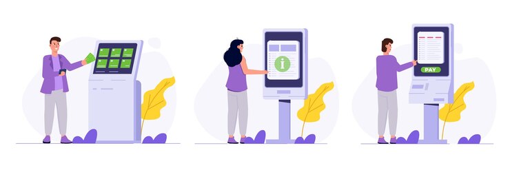 Vector gente que utiliza la terminal de autoservicio concepto de quiosco de información interactivo ilustración de vector plano para el folleto de la página de aterrizaje del sitio web de banner