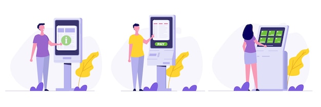 Gente que utiliza la terminal de autoservicio Concepto de quiosco de información interactivo Ilustración de vector plano para el folleto de la página de aterrizaje del sitio web de banner