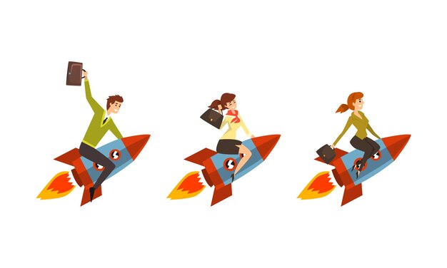 La gente que vuela en cohetes espaciales establece una idea exitosa de negocio Start Up Concept Ilustración vectorial de dibujos animados