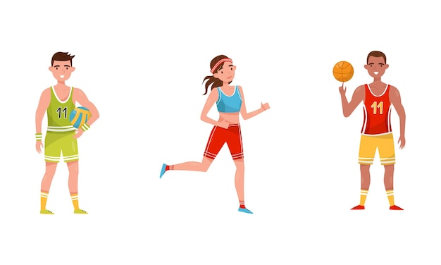 Gente realizando varias actividades deportivas Set Atletas masculinos y femeninos jugando baloncesto voleibol corriendo Ilustración vectorial sobre un fondo blanco