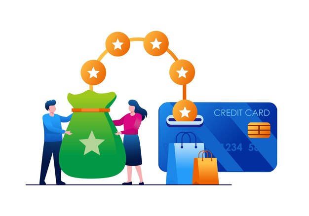 La gente recibe puntos de la tarjeta de crédito. Concepto de devolución de efectivo de compras. Vector de ilustración plana