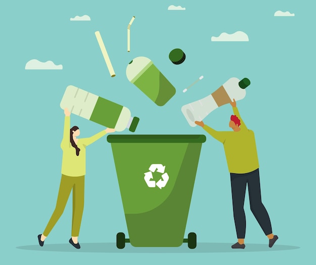 La gente recoge botellas y basura plástica en el contenedor de basura de reciclaje Concepto de reutilización de plástico de reciclajes