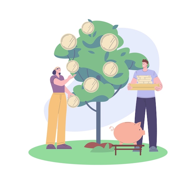 Vector la gente recoge monedas de dinero del árbol verde inversión ganancias y dividendos metáfora persona de negocios que crece planta de efectivo exitoso concepto vectorial de inicio