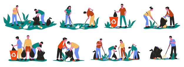 Gente recogiendo basura Personajes voluntarios de dibujos animados limpiando recogiendo basura basura concepto de ayuda humanitaria social Vector conjunto aislado
