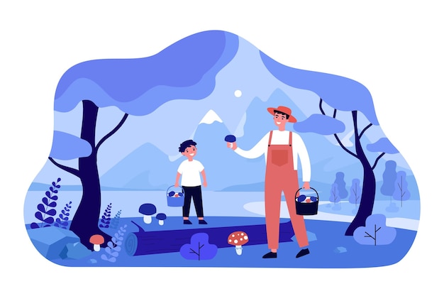 Gente recogiendo setas silvestres comestibles en el bosque o parque. Hombre y niño sosteniendo cestas ilustración vectorial plana. Actividad divertida, concepto de entorno para banner, diseño de sitio web o página web de destino