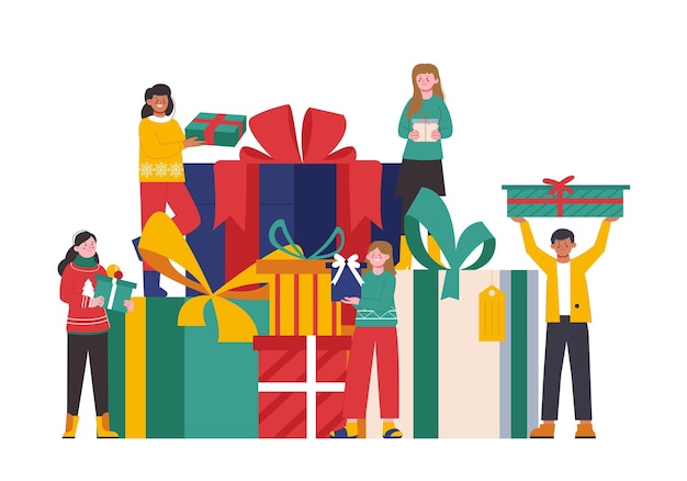 Gente con regalos gigantes Navidad o fiesta de cumpleaños vacaciones amigos familia festiva dibujos animados lindos adolescentes dando regalos espléndido concepto vectorial