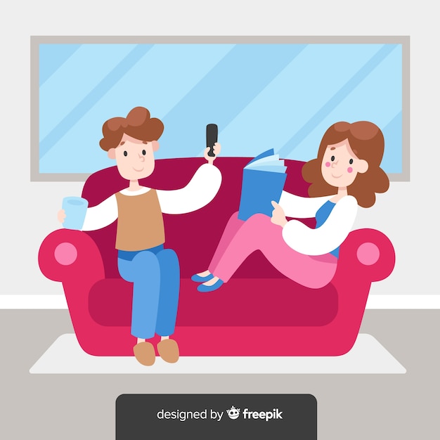 Gente relajándose en casa dibujada a mano