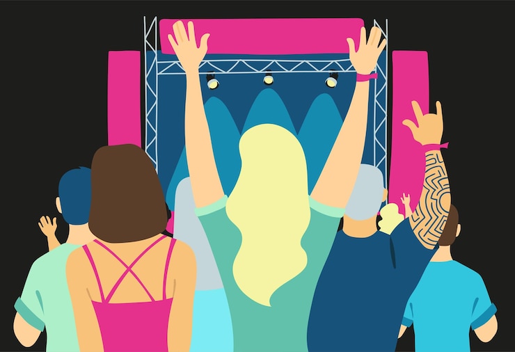 Vector gente relajándose en un concierto al aire libre chicos y chicas escuchan música en el festival al aire libre escena en un festival de música ilustración vectorial moderna