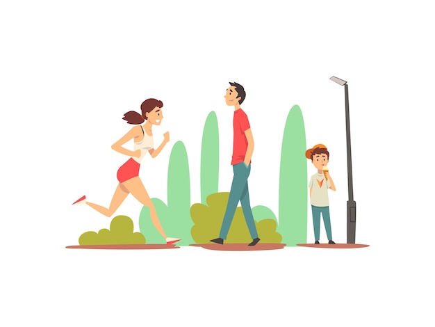 Gente relajándose y haciendo deportes en el parque Chica deportiva corriendo Joven caminando Chico lindo comiendo helado Ilustración vectorial en fondo blanco