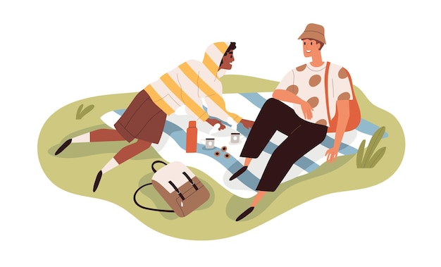 Gente relajándose en un picnic de verano Una pareja de hombres con té en un termo en la naturaleza Amigos biraciales felices en una manta en el césped Tiempo de ocio al aire libre Ilustración vectorial plana aislada sobre fondo blanco
