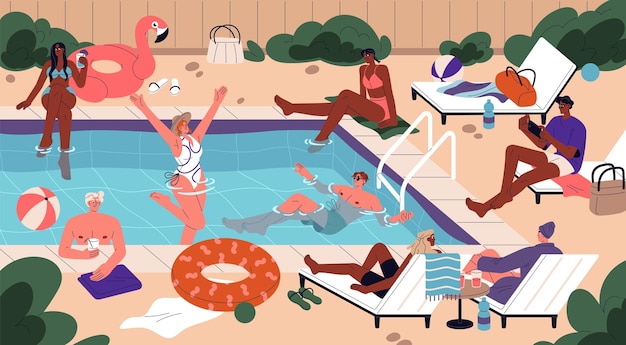 Gente relajándose en la piscina en vacaciones de verano felices hombres jóvenes mujeres nadando en el agua tomando el sol descansando en las tumbonas el fin de semana relajación de ocio de verano ilustración de vector plano