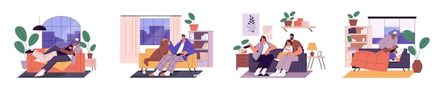 Gente relajándose en sofás pareja familia con niño hombre con perro mascota viendo película de televisión descansando en el sofá en el ocio en el apartamento de casa ilustraciones vectoriales planas aisladas sobre fondo blanco