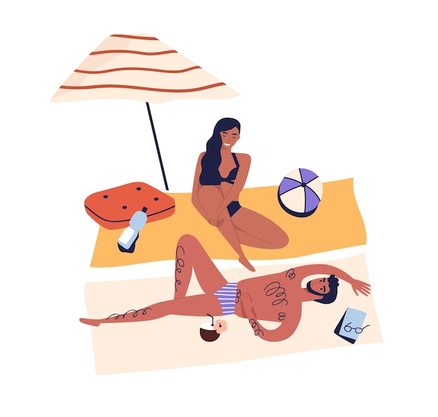 Gente relajante, pareja romántica tomando el sol en la playa. mujer y hombre sonriendo, hablando. vacaciones de verano, relajarse, descansar, descansar bajo el paraguas en una ilustración plana de dibujos animados aislada en el fondo blanco.