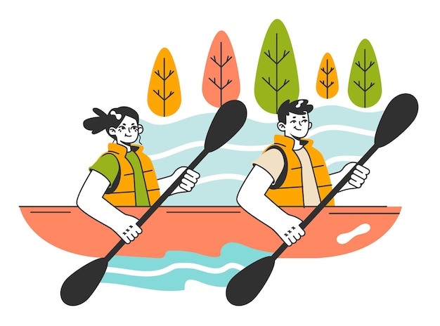 Vector gente remando con remos en kayak o canoa vistiendo personajes