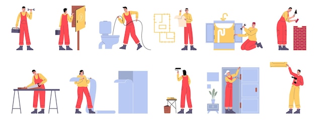 Gente de renovación de viviendas Trabajadores profesionales en mono Proceso de reparación de casas Instalación de acondicionador y papel tapiz Maestro coloca ladrillo Constructores vectoriales Brigada de obras conjunto