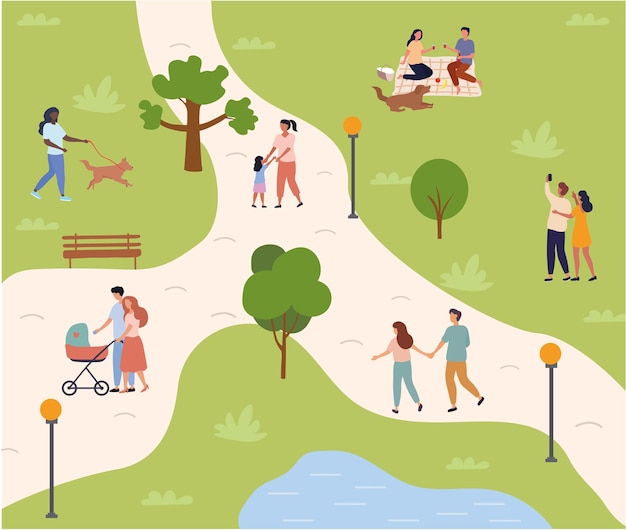 Gente reunida en el parque urbano de la ciudad relajándose y realizando actividades de ocio al aire libre deportes