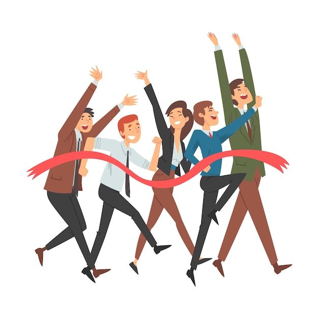 La gente con ropa de oficina corre alegremente a través de la burocracia ilustración vectorial de dibujos animados