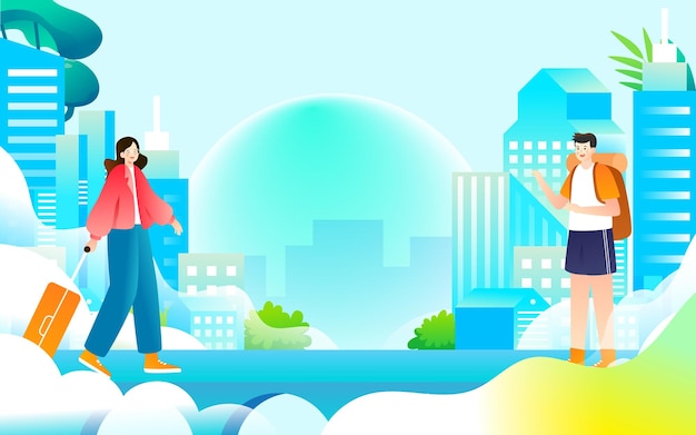 La gente sale a viajar en primavera, los edificios de la ciudad y el transporte en el fondo, vector