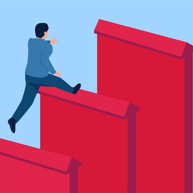 La gente salta sobre la flecha hacia arriba que forma una escalera, una metáfora del camino hacia el éxito empresarial