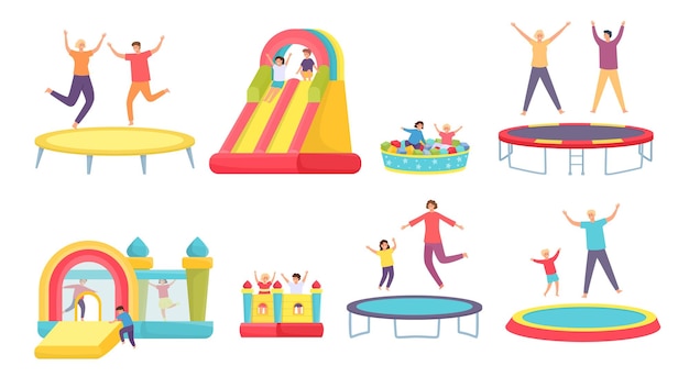 La gente salta en un trampolín. Felices los adultos, los niños y la familia saltan en trampolines, casas inflables y toboganes. Conjunto de vectores de entretenimiento activo