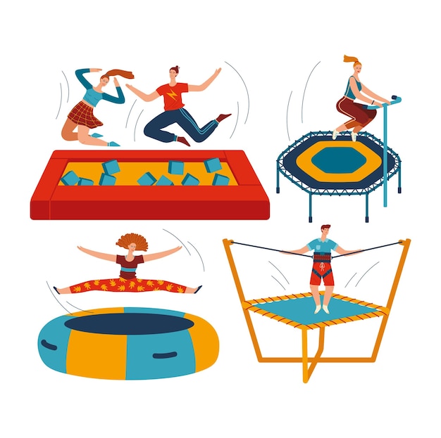 Gente saltando trampolines conjunto de ilustraciones vectoriales aisladas Gente de trampolín y reboteadores Parque de entretenimiento